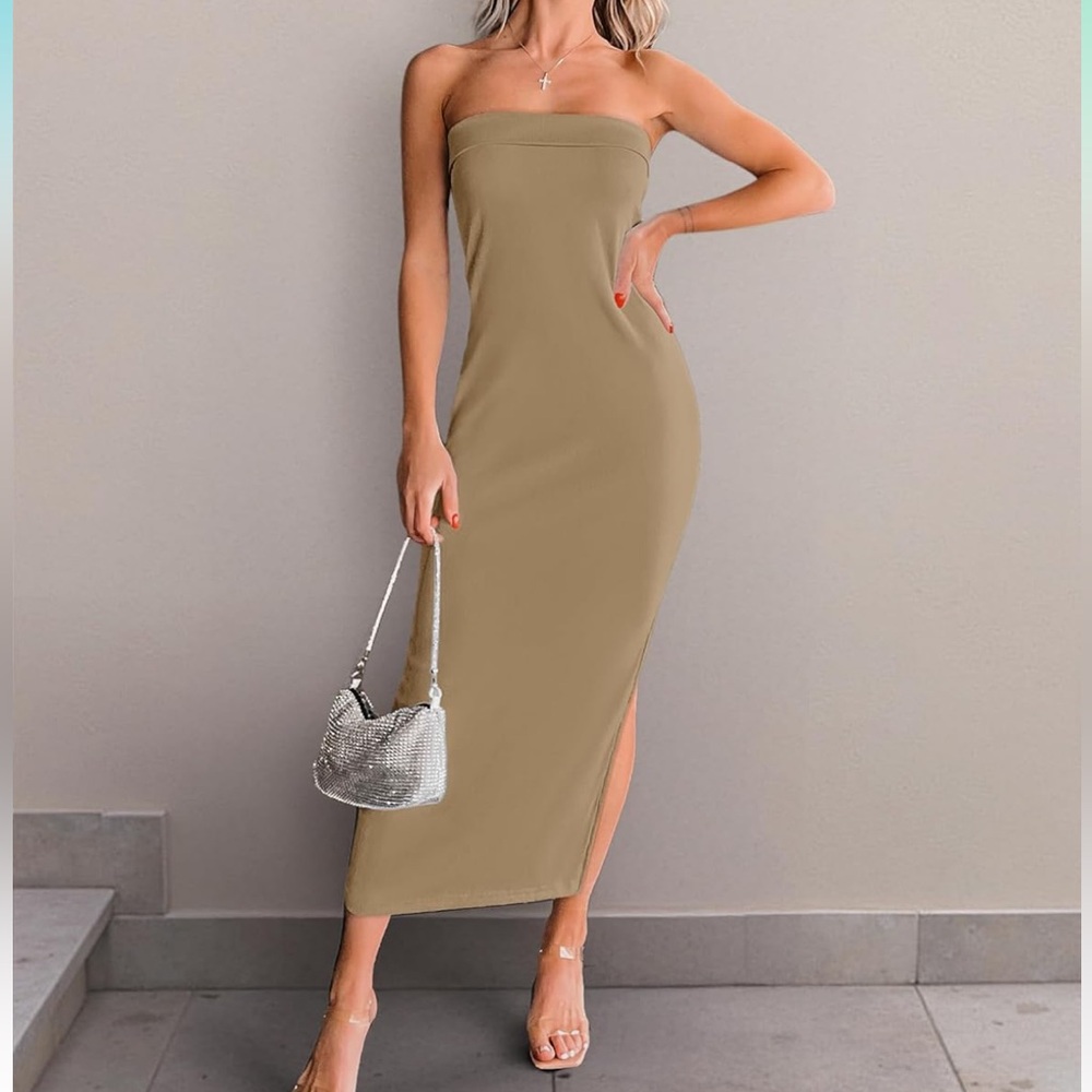 Tan Strapless Ribbed Sheath Dress